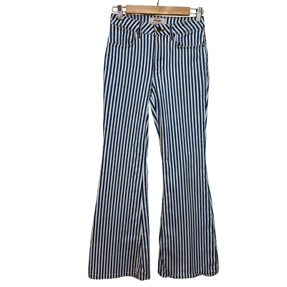 Wrangler Fierce Flare Jeans Women 2x32 High Rise Blue White Stripe Stretch